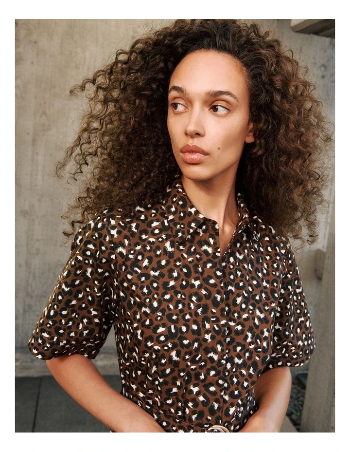 Leopard Poplin Belted Dress in Bitter Chocolate image 2