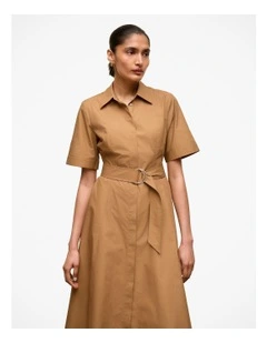 Cotton Poplin Belted Dress in Rich Tan