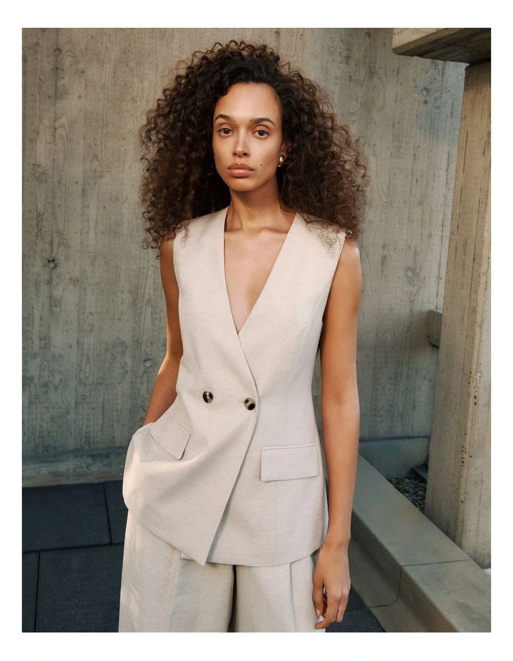 Linen Blend Tailored Vest in Stone image 2