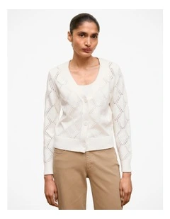 Diamond Pointelle V Neck Cardigan in White