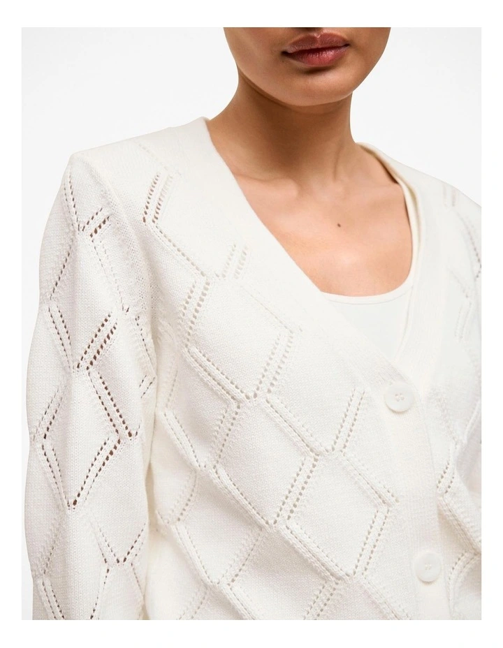 Diamond Pointelle V Neck Cardigan in White image 3