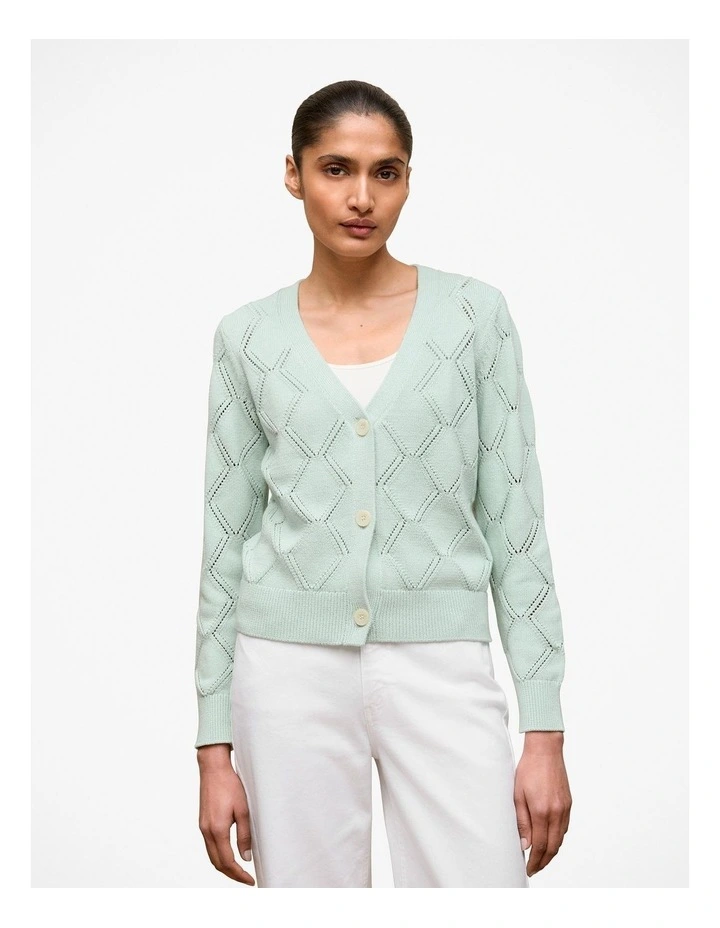 Diamond Pointelle V Neck Cardigan in Light Mint image 1
