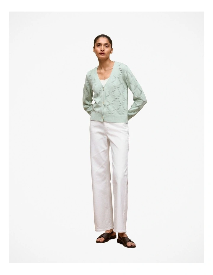 Diamond Pointelle V Neck Cardigan in Light Mint image 2