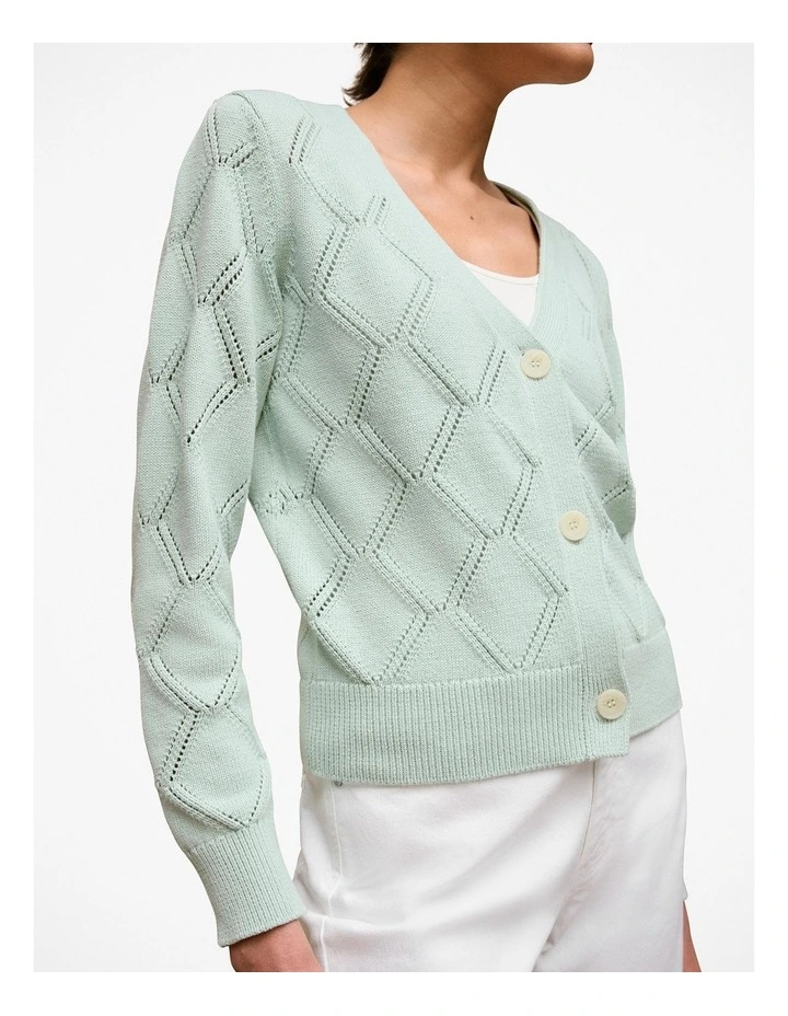 Diamond Pointelle V Neck Cardigan in Light Mint image 3
