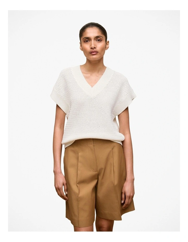 Mercerised Cotton Basketweave Knit Vest in White image 1