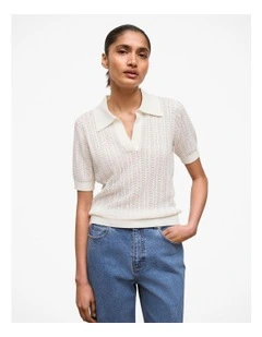 Mercerised Texture Knit Polo Cardigan in White