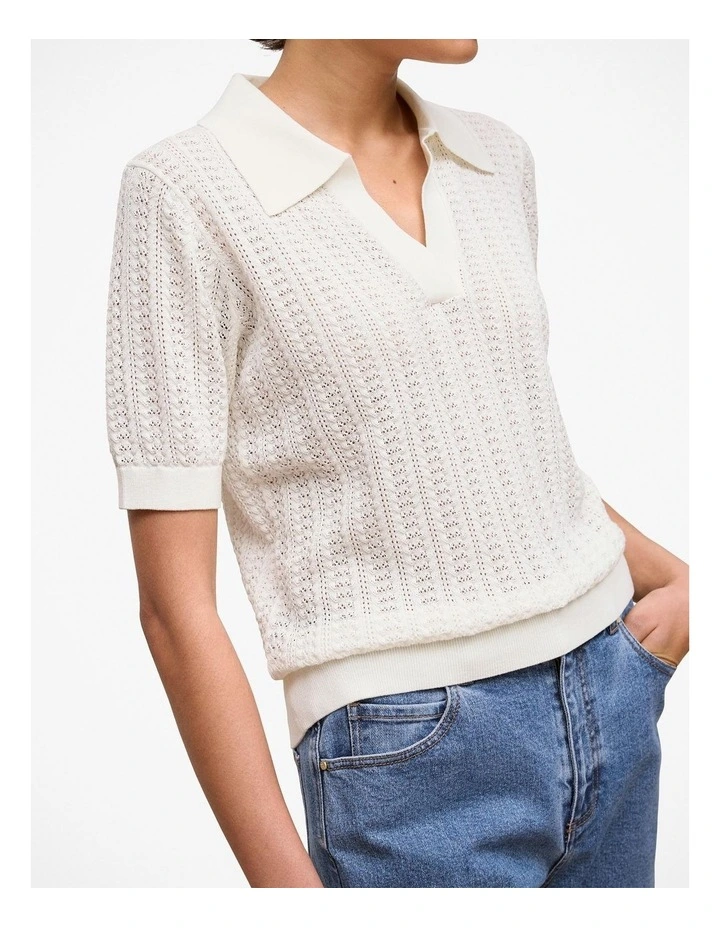 Mercerised Texture Knit Polo Cardigan in White image 3
