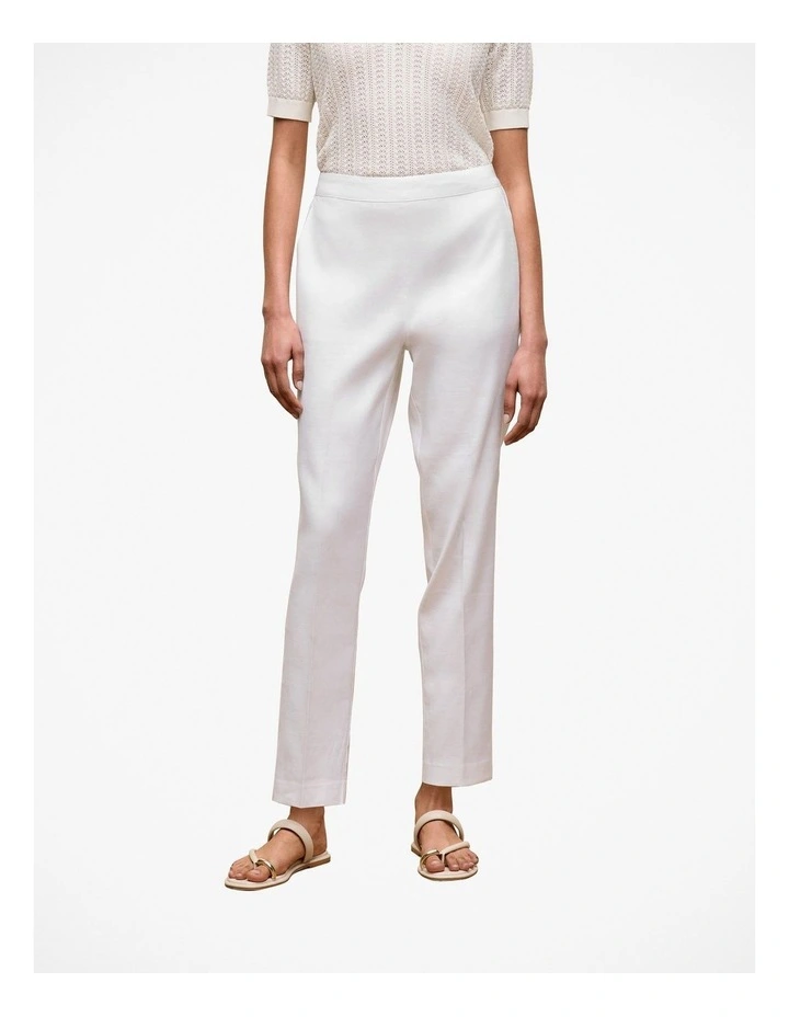 Stretch Linen Blend Pull On Pant in White image 1
