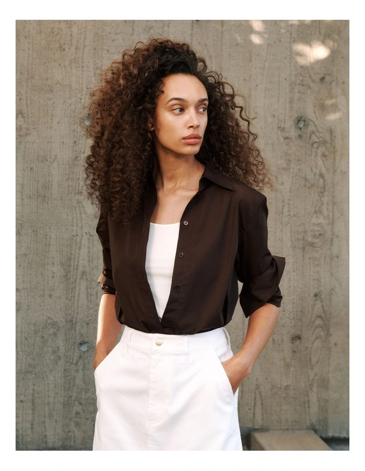 Cotton Poplin Long Sleeve Shirt in Bitter Chocolate image 2