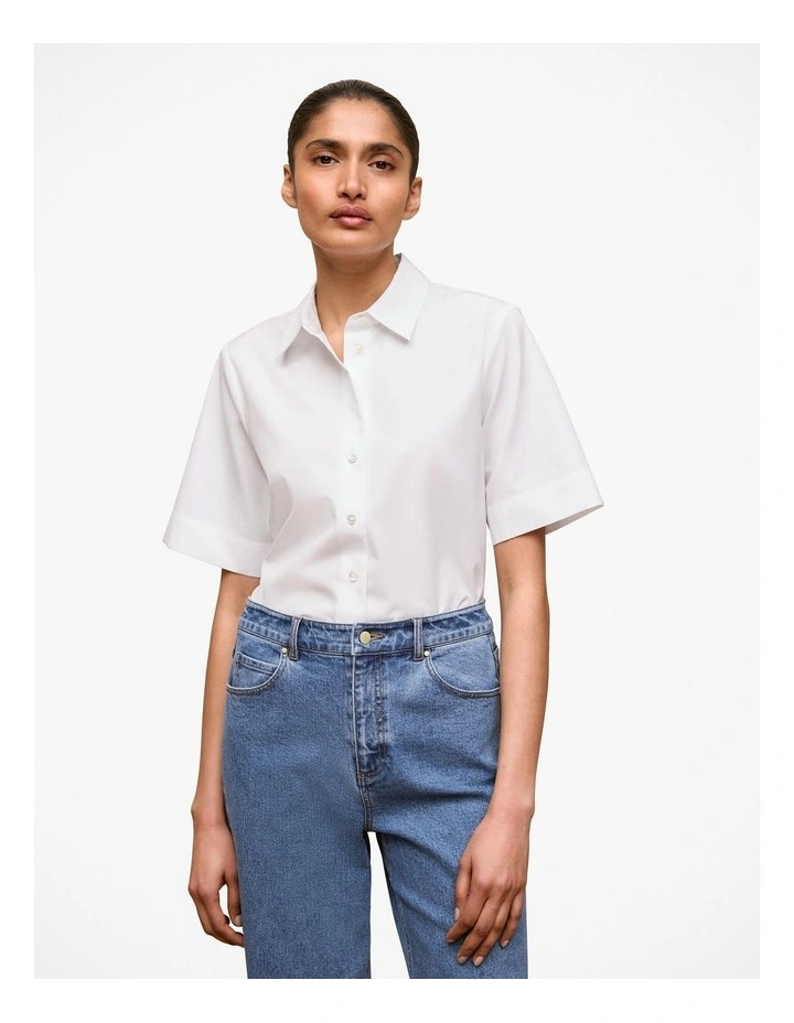 Cotton Poplin Short Sleeve Shirt in White image 1