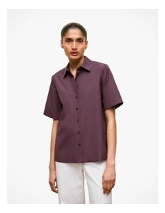 Cotton Poplin Short Sleeve Shirt in Dark Plum