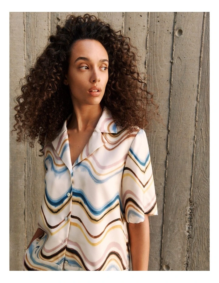 Wave Stripe Silk Camp Shirt in White image 2