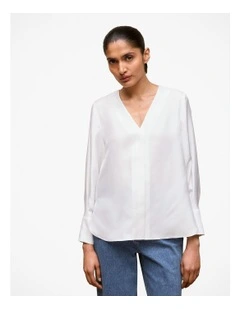 Silk Twill Collarless V Neck Blouse in White