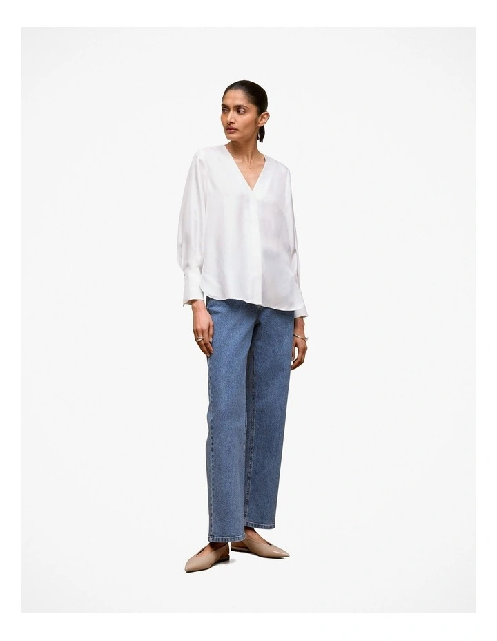 Silk Twill Collarless V Neck Blouse in White image 2