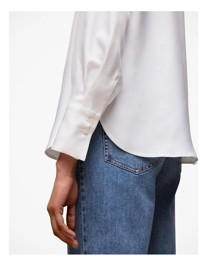 Silk Twill Collarless V Neck Blouse in White image 3