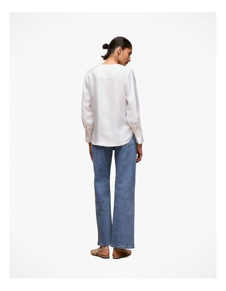 Silk Twill Collarless V Neck Blouse in White image 4
