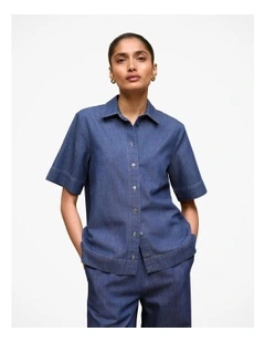Soft Denim Short Sleeve Shirt in Mid Blue