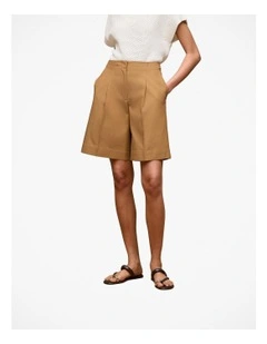 Cotton Blend Longline Pleat Short in Rich Tan