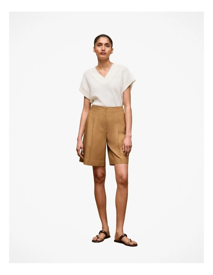 Cotton Blend Longline Pleat Short in Rich Tan image 2
