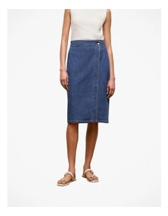 Soft Denim Wrap Skirt in Mid Blue