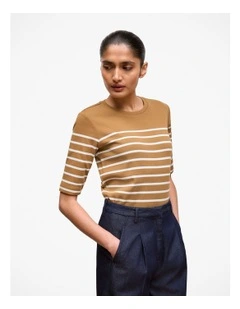 Cotton Stripe Half Sleeve T-shirt in Rich Tan