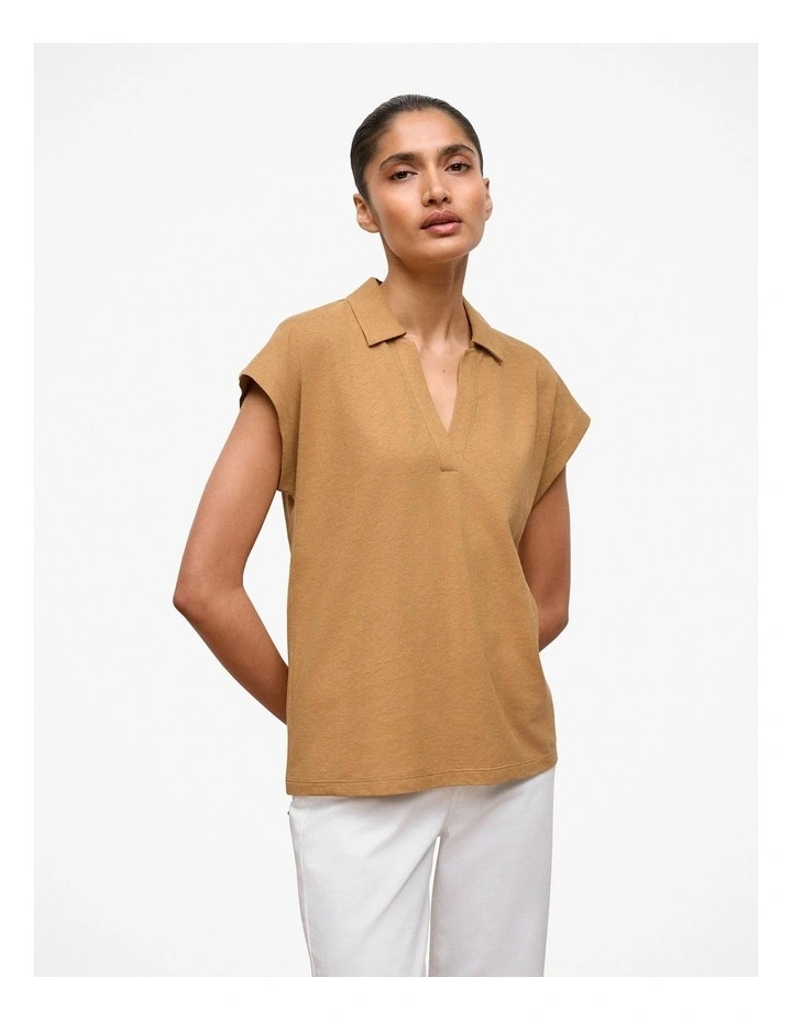 Linen Cotton Relaxed Cap Sleeve Polo in Rich Tan image 1