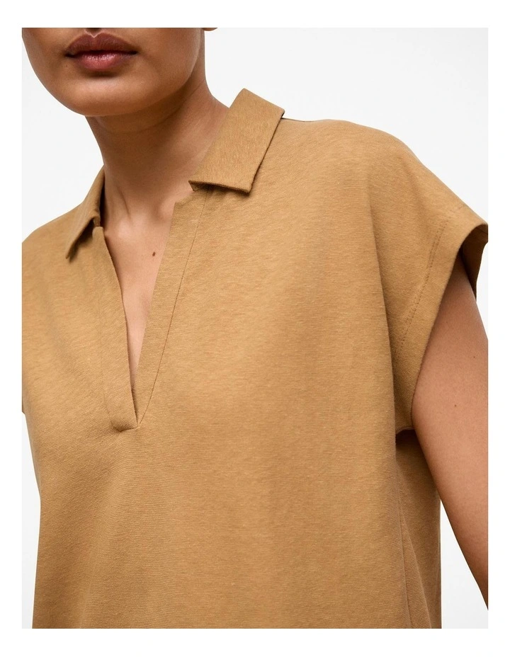 Linen Cotton Relaxed Cap Sleeve Polo in Rich Tan image 3