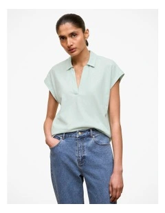 Linen Cotton Relaxed Cap Sleeve Polo in Light Mint