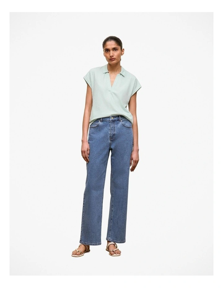 Linen Cotton Relaxed Cap Sleeve Polo in Light Mint image 2