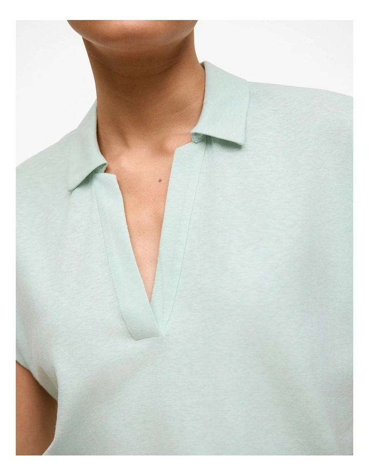 Linen Cotton Relaxed Cap Sleeve Polo in Light Mint image 3