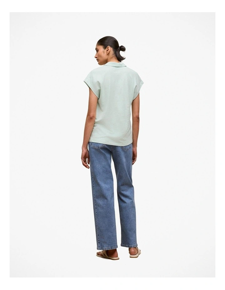 Linen Cotton Relaxed Cap Sleeve Polo in Light Mint image 4