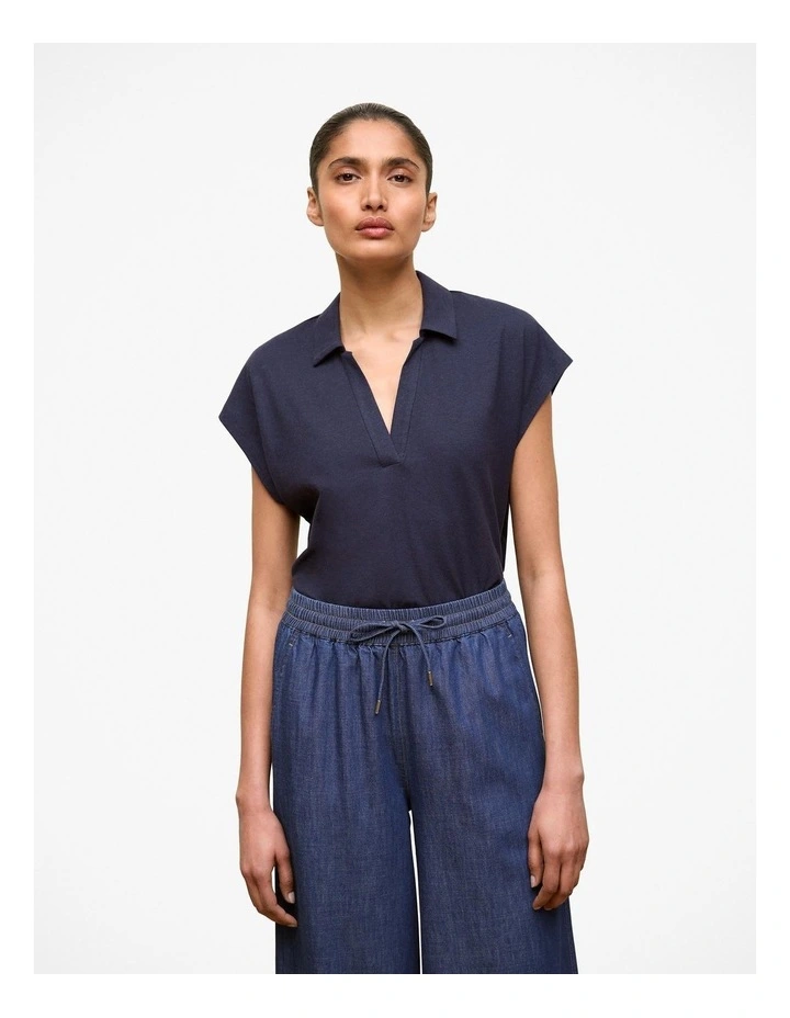Linen Cotton Relaxed Cap Sleeve Polo in Night Sky image 1