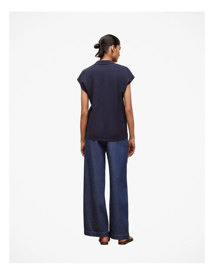 Linen Cotton Relaxed Cap Sleeve Polo in Night Sky image 3