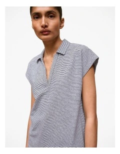 Cotton Linen Stripe Relaxed Cap Sleeve Polo in Night Sky