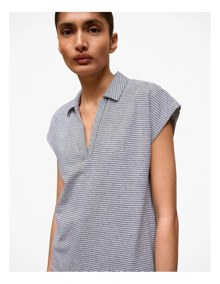 Cotton Linen Stripe Relaxed Cap Sleeve Polo in Night Sky image 1