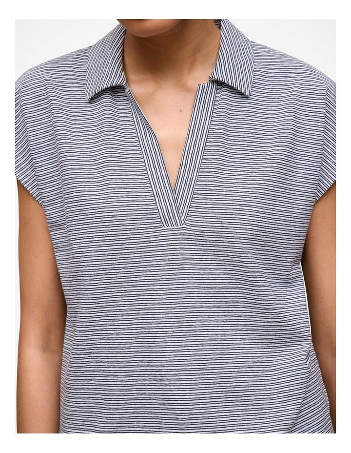 Cotton Linen Stripe Relaxed Cap Sleeve Polo in Night Sky image 3