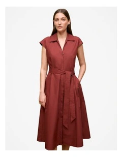 Poplin Cap Sleeve Shirt Dress in Deep Red
