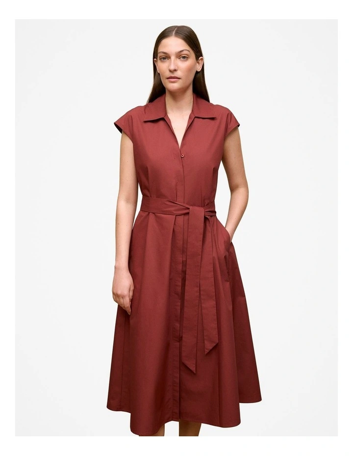 Poplin Cap Sleeve Shirt Dress in Deep Red image 1