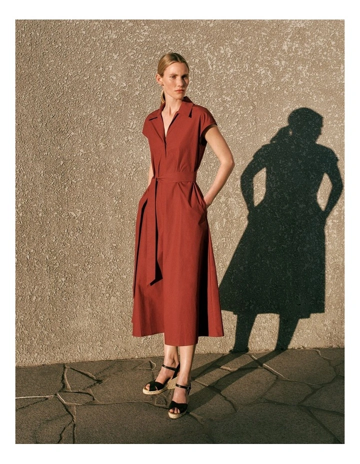 Poplin Cap Sleeve Shirt Dress in Deep Red image 2