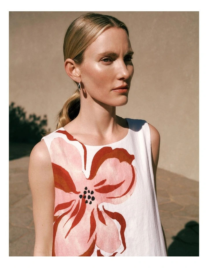 Peony Linen Sleeveless Column Dress in White image 2