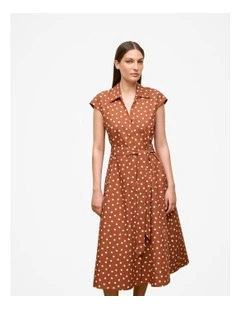 Spot Poplin Cap Sleeve Shirt Dress in Burnt Orange