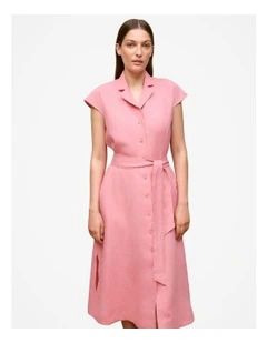 Linen Cap Sleeve Shirt Dress in Pink Peony