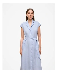 Linen Cap Sleeve Shirt Dress in Ice Blue
