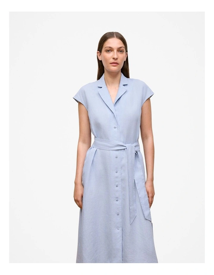 Linen Cap Sleeve Shirt Dress in Ice Blue image 1