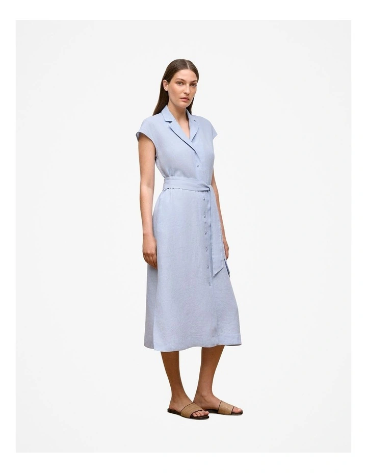 Linen Cap Sleeve Shirt Dress in Ice Blue image 2
