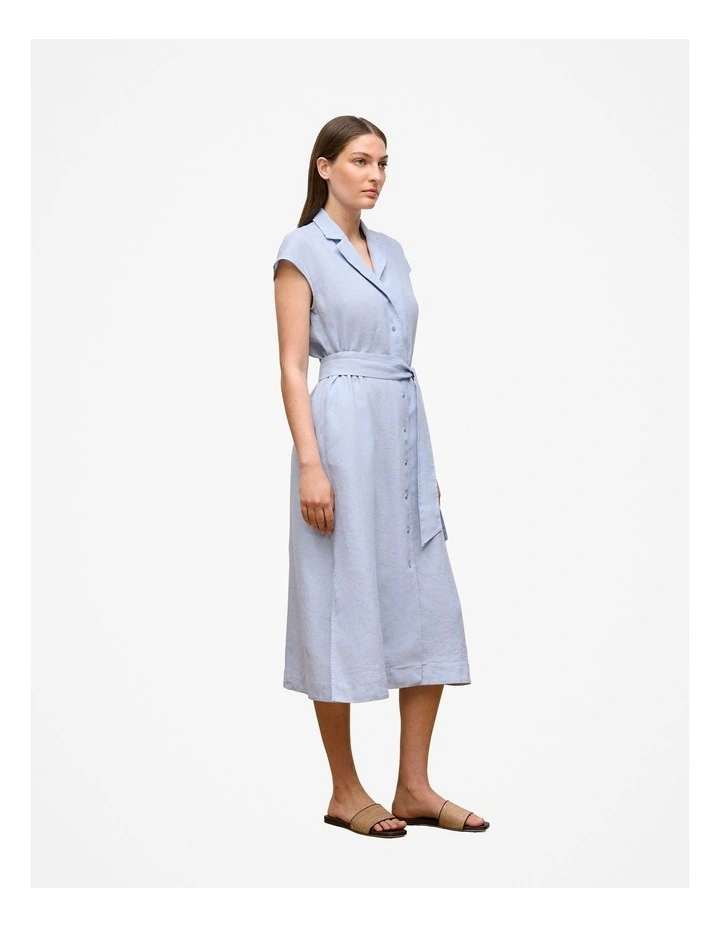 Linen Cap Sleeve Shirt Dress in Ice Blue image 3