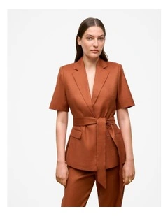 Linen Blend Short Sleeve Blazer in Burnt Orange