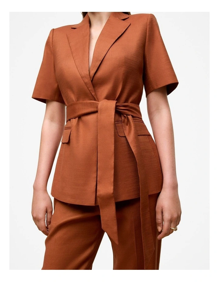 Linen Blend Short Sleeve Blazer in Burnt Orange image 3