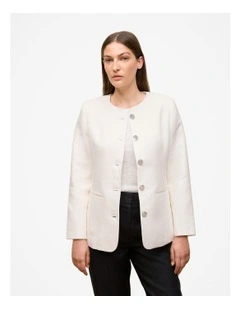 Basketweave Linen Collarless Jacket in Pearl