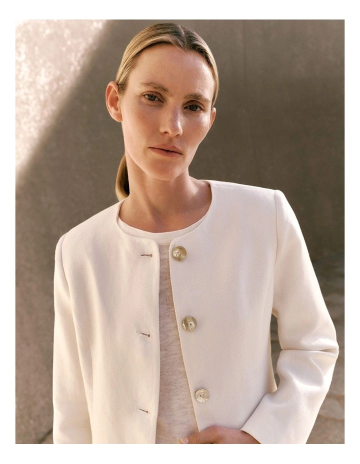 Basketweave Linen Collarless Jacket in Pearl image 2